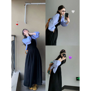 Set Hai Bộ Mùa Thu Mới Đại Học Áo Khoác Sơ Mi Xanh +Váy Đen Dây Thắt Lưng Đầm Phụ Nữ