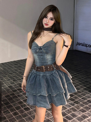 Váy Ngắn Cộng Với Kích Thước Mỹ Ngọt Ngào Cay Dây Thun Denim Đầm Cho Phụ Nữ Mùa Hè Mới