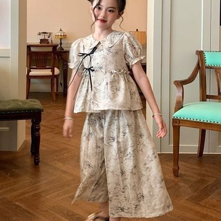 Trẻ em Quần áo trẻ em Bé gái Bộ đồ Trung Quốc mới Mùa hè Phong cách mới Trẻ em Vòng cổ búp bê Top Quần ống rộng Bộ đồ hai mảnh