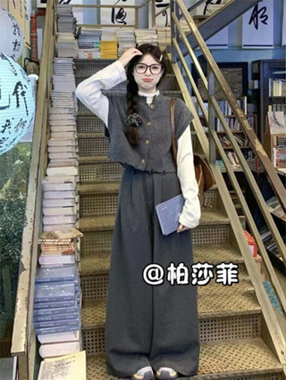 [SCS]Set 3 Món Gồm Áo Thun Dài Tay Mix Quần Thụng , Áo Len Khoác Ngoài Dành Cho Nữ Sinh