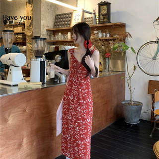 Mùa Hè Phong Cách Mới Nữ Retro Trung Dài Pháp Đỏ Nhỏ Hoa Sling Đầm Đi Biển Phong Cách Kỳ Nghỉ Đầm Nữ