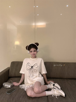 Whbyzwhcb Nơ Ren In Hình Cổ Tròn Tay Ngắn Nữ Mùa Hè Thiết Kế Rời Trắng Giữa Chiều Dài All-Ma
