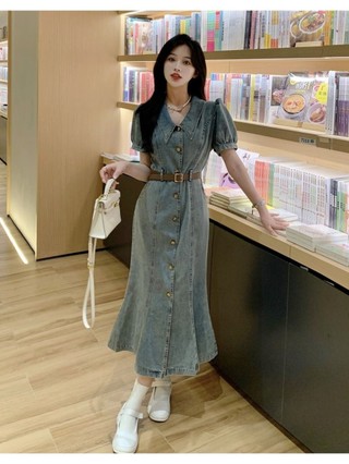 Váy Jean Cao Bồi Nữ Thiết Kế Phong Cách Hồng Kông Denim Ngắn Tay Áo Đầm Nữ  Mùa Hè Mới Cao Eo