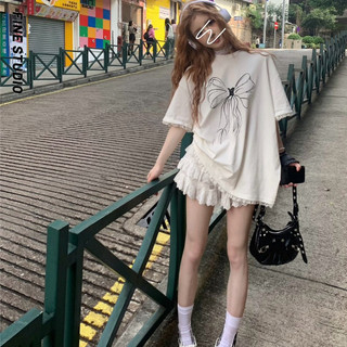 Vẽ Tay Nơ Ren Viền Trắng Rời Tay Ngắn Áo Thun Nữ Thiết Kế Hàng Đầu Nữ