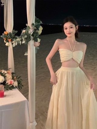 Váy Mùa Hè Mới Nhất, Ngực Hở Lưng Gợi Cảm, Áo Ngắn, Eo Cao, Dài Nửa Người Gầy, Hai Bộ Váy Nữ.