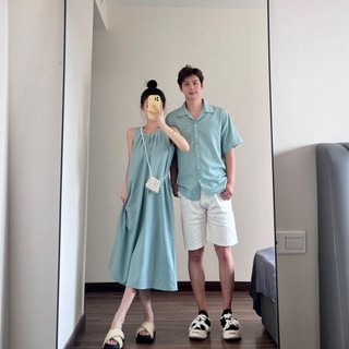  Mùa Hè Hàn Quốc Váy Baby Doll Dáng Dài Không Tay Áo Sơ Mi Nam Và Nữ Ăn Mặc Đồ Đôi 