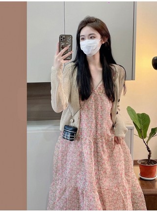 Mùa Xuân Mới Phong Cách Pháp Quần Chúng Kế Dài Cao Cấp Cảm Giác Hoa Treo Chống Nắng Cardigan Thiết Lập Váy