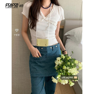 Áo thun ngắn tay ren cổ chữ V dành cho nữ mùa hè Slim-Fit