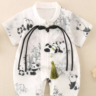 Mùa hè cho bé jumpsuit gấu trúc áo liền quần bé tháng tuổi quần áo ngắn tay áo liền quần mùa hè phong cách trung hoa