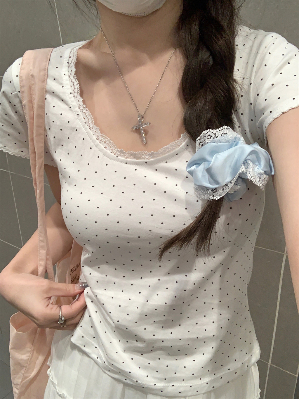 70849 Ren Khâu Chấm Bi Nguyên Chất Cotton Ngắn Tay Áo Thun Nữ