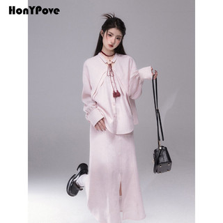 Honypove Áo sơ mi dài tay eo cao ôm hơn Váy xẻ dài vừa phải