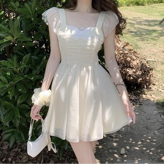 Mối Tình Đầu Nữ Mùa Hè Mới Thắt Lưng Hiển Thị Gầy Lưới Lụa Công Chúa Nhỏ Tươi Mát Vuông Cổ Chữ A Ngắn Váy