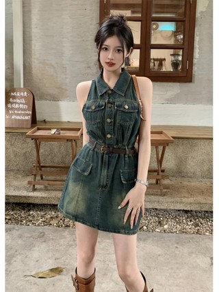 Váy Ngắn Polo Cổ Áo Denim Vest Đầm Cho Phụ Nữ Mùa Hè