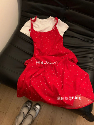 Phong cách hàn quốc ins phong cách nhẹ nhàng chấm bi đầm nữ thiết kế mùa hè phối ren rời ôm hơn nhìn tính khí váy dài