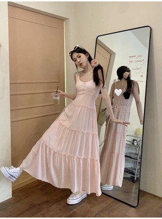 Váy không tay màu trơn cổ chữ U Váy dài chữ A 75614