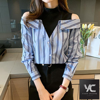  Áo sơ mi voan dài tay giả hai mảnh phong cách mới Áo sơ mi nữ mùa thu đầu mùa thu sọc thiết kế khí chất hàng đầu Cảm giác