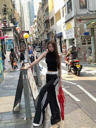 American Hot Girl Quần yếm nữ mùa hè dáng rộng Quần thể thao thông thường Quần ống rộng Quần đen