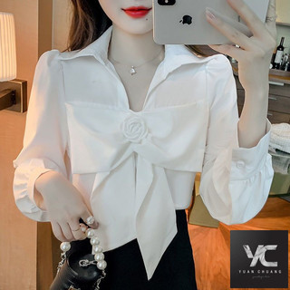  Xuân Thu Phong Cách Mới Phong Cách Pháp Sang Trọng Sang Trọng Người Nổi Tiếng Nơ Cổ Áo polo Dài Tay Nữ Áo Sơ Mi Voan Top