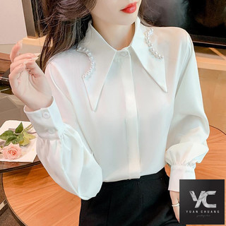  Mùa xuân Thu Phong cách mới Áo sơ mi voan cao cấp kiểu Pháp cổ điển dành cho nữ Búp bê đính cườm sang trọng Thiết kế cổ mũi nhọn