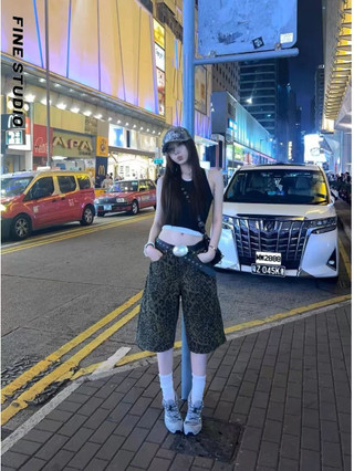 Mùa Hè Mỹ Da Báo In Quần Short Nữ Rời vintage Retro Phong Cách Đường Phố Thường Ngày Quần Jean Crop Thẳng