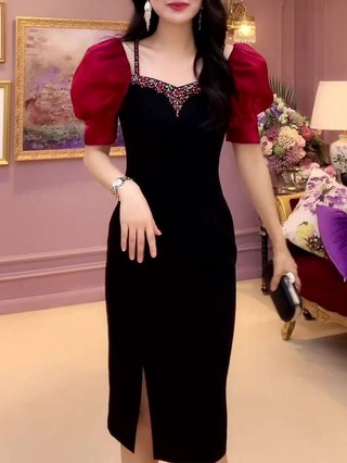 Đầm đính kim cương thời trang cao cấp Mùa hè Phong cách mới Cổ vuông tay phồng Slim-fit Slimmer Look No
