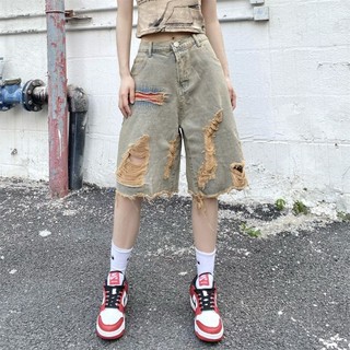 Ootdstudio Thu Đông Mỹ Retro Đau Khổ Rách Quần Jean Năm Phần Tư Quần Short Nam Nữ Ins Xu Hướng
