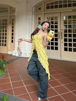 Shanmieleng Gợi Cảm Cô Gái Nóng Mùa Hè Phong Cách Mới Không Đều Xù Niche Thiết Kế Màu Trơn Giữa Chiều Dài Rỗng Không Tay Treo Váy