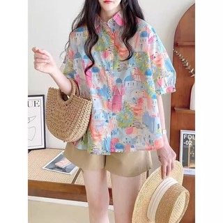Phong Cách Hồng Kông POLO Cổ Áo Sơ Mi Nữ Mùa Hè Phong Cách Mới Phiên Bản Hàn Quốc Rời Bông Tai Kẹp Phong Cách Tranh Sơn Dầu Túi Tay Ngắn