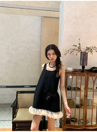 Shanmieleng 2 Màu Sắc Cuối Tuần chill Cánh Hoa Vest Váy Khâu Váy Ngắn Tay