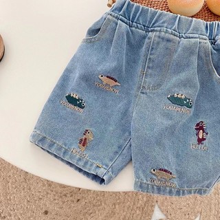 Quần Short Bé Trai Mùa Hè Phong Cách Mới Trung Nhỏ Trẻ Em Khủng Long Thêu Denim Năm Điểm Quần Trẻ Em Rời Mi