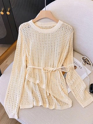 Mùa Hè Mỏng Phong Cách Lười Phong Cách Drap Điều Hòa Không Khí Bên Ngoài Áo Nữ Cổ Tròn Không Đều Móc Rỗng Dệt Kim