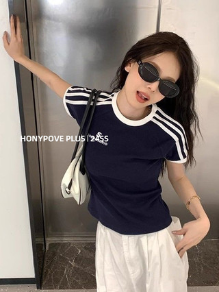 honypove Mỹ Retro Tay Ngắn Sọc Thêu Áo Thun Nữ Mùa Hè Ngắn Slim-Fit Mỏng Hơn Nhìn Thể Thao Hàng Đầu