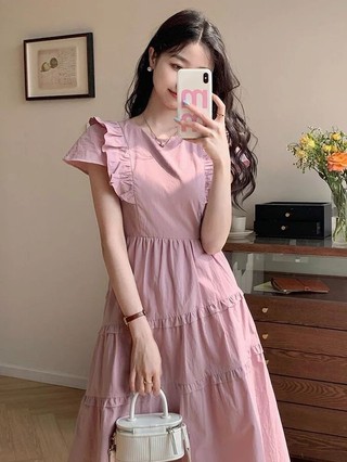 Váy Thiết Kế Độc Đáo, Ngắn Tay Tuyệt Đẹp, Váy Chữ A Dài, Mùa Hè Hàn Quốc.