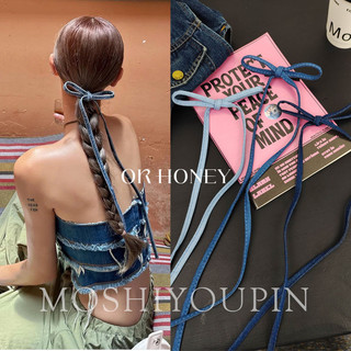 Mới đơn giản retro denim denim xanh nơ streamer kẹp tóc nữ đầu lưng cao cấp mũ đội đầu nổ kẹp