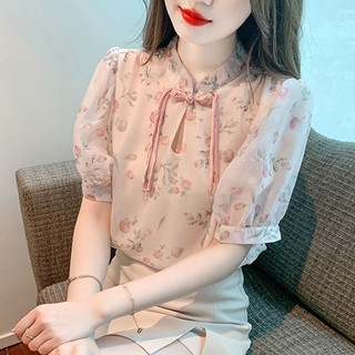  Mùa hè Phong cách mới Áo sơ mi voan Trung Quốc mới dành cho nữ Áo sơ mi ngắn tay phong cách Trung Quốc Khóa cảm giác cao cấp