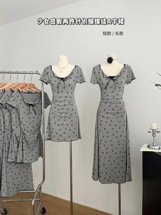 75650 Đầm ngắn tay thắt lưng hẹp nơ màu xám chấm bi