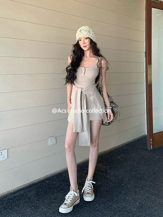 F Giả Hai Mảnh Ren Màu Xám Sling Đầm Nữ Mùa Hè Slim-Fit Hot Girl Váy Ngắn Có Miếng Lót Ngực Túi Eo Hẹp Váy Hông