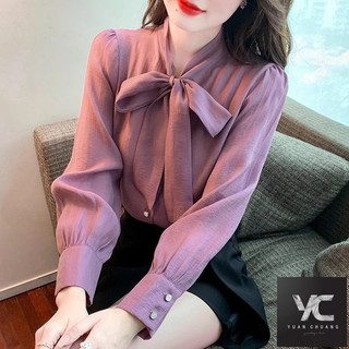  Xuân Thu Phong Cách Mới Cao Cấp Nơ Voan Dài Tay Áo Sơ Mi Nữ Thời Trang Phù Hợp Với Áo Sơ Mi Nhỏ Mùa Thu