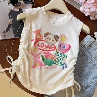  Bé gái Graffiti Vest T Mùa hè Phong cách mới Trẻ em Dây rút Slim-fit In hình hoạt hình Áo thun không tay Áo thun chui đầu hàng đầu