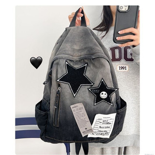 Trong kho Ba lô học sinh vải denim được giặt gradient đơn giản và đa năng ba lô đa năng sức chứa lớn