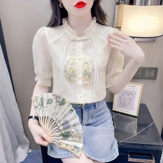  Mùa hè Phong cách mới Áo sơ mi ngắn tay thêu phong cách quốc gia Áo sơ mi nữ khí chất thời trang Slim-