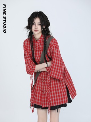 Mới phong cách trung hoa retro kẻ sọc đỏ áo sơ mi tay ngắn nữ thiết kế niche áo sơ mi rời hợp thời trang
