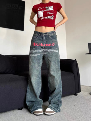 Quần jean in họa tiết cổ điển kiểu Mỹ Quần thẳng rộng