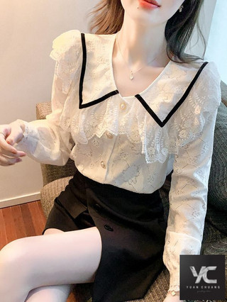  Áo Sơ Mi Voan Tay Dài Cổ Búp Bê Pháp Nữ Phong Cách Mới