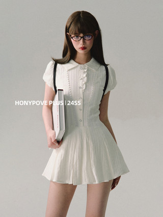 Áo sơ mi ngắn tay phong cách Preppy Hot Girl Váy trắng chữ A