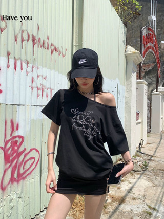 Hot Girl Slimmer Look Thiết kế giản dị Áo thun ngắn tay dáng rộng dành cho nữ mùa hè Off-the @