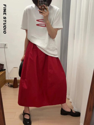 Pháp Retro Vermilion Cotton Cao Cấp Co Giãn Ba Chiều Bud a Váy