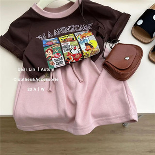  Quần áo trẻ em phiên bản Hàn Quốc Bé gái Mùa hè Bộ đồ ngắn tay phong cách phương Tây Áo thun nửa váy màu hồng Bộ đồ hai mảnh