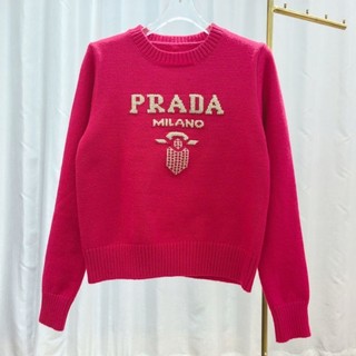 Prada thu đông mới cổ cao dệt kim đáy áo len mỏng màu đỏ áo len top