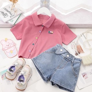 Bộ Đồ Bé Gái Áo Polo Thời Trang Hợp Thời Trang Quần Short Denim Tay Ngắn Hai Mảnh Phù Hợp Với Người Ảnh Hưởng Phong Cách